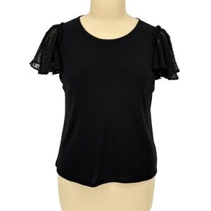 Adrianna Papell Flutter Sleeve Top Black Swiss‎ Dot Ruffle Knit XL